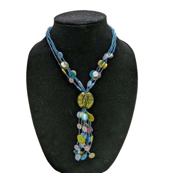 Vintage Multi Strand Seed Bead and Disc Bead Necklace Blue and Green - Picture 1 of 5